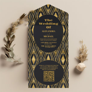 QR Code Glamorous Black and Gold Art Deco Wedding  All In One Invitation