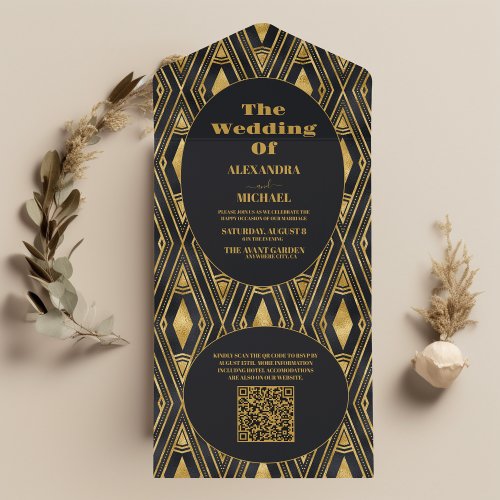 QR Code Glamorous Black and Gold Art Deco Wedding  All In One Invitation