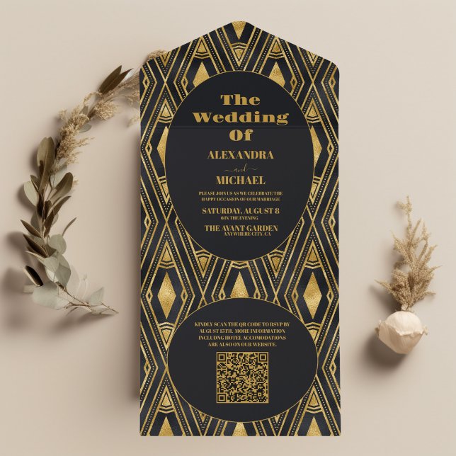 QR Code Glamorous Black and Gold Art Deco Wedding  All In One Invitation (Creator Uploaded)