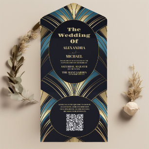 QR Code Glamorous Blue and Gold Art Deco Wedding  All In One Invitation
