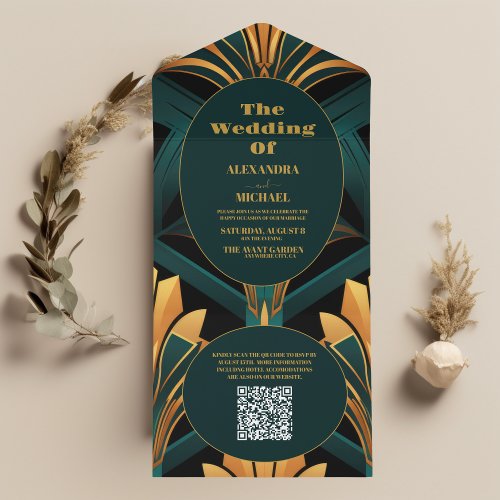 QR Code Glamorous Green and Gold Art Deco Wedding  All In One Invitation