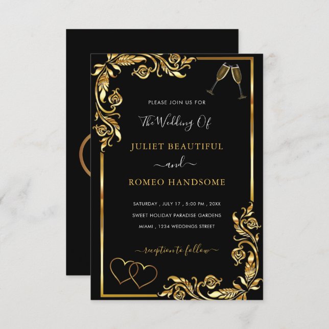 QR Code Gold Black Hearts Wedding Invitation (Front/Back)