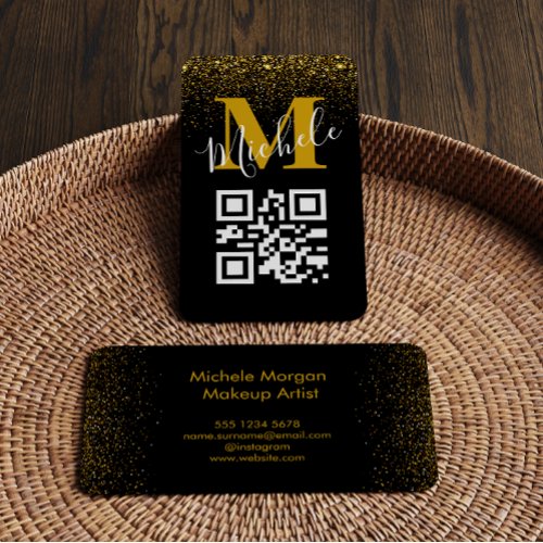 QR code Gold Black Monogram Golden Glitter Sparkle Business Card