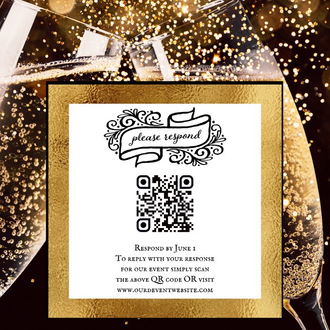 QR Code Gold Black White Party Event RSVP Enclosure Card (Elegant Unique QR code to send to guests. RSVP card for birthdays and other special events. )