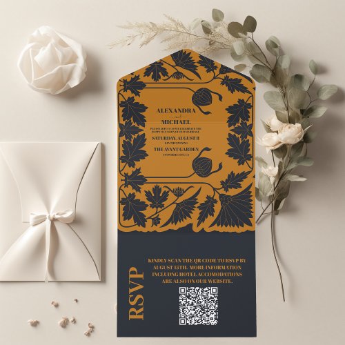 QR Code Gold Blue  Art Nouveau Wedding All In One Invitation