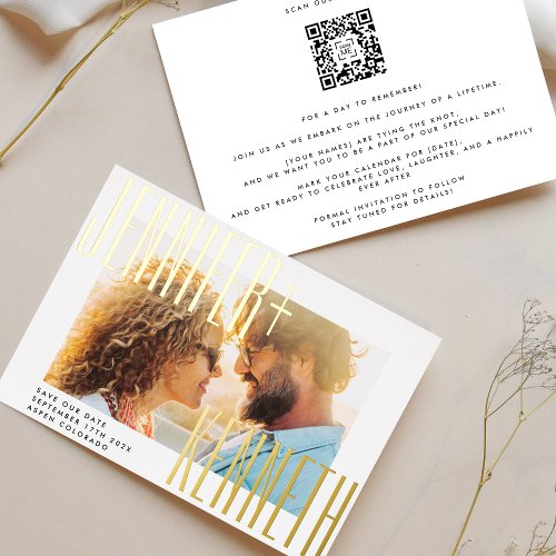 QR CODE GOLD BOLD NAMES PHOTO SAVE THE DATE FOIL INVITATION