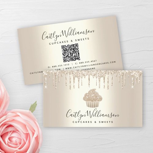 QR Code Gold Cupcake Bakery Pastry Glitter Drips  Business Card