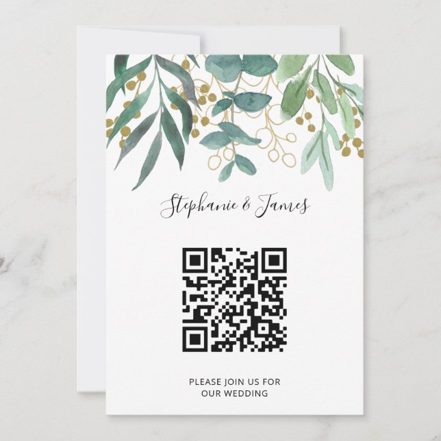 QR Code Gold Eucalyptus Berries Wedding Invitation (Front)