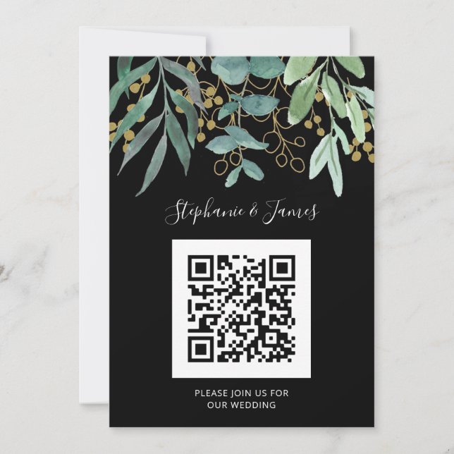 QR Code Gold Eucalyptus Black Wedding Invitation (Front)