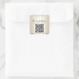 QR Code Gold Glitter Drips Business Name Modern Square Sticker | Zazzle