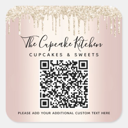 QR Code Gold Glitter Drips Pink Rose Business Name Square Sticker
