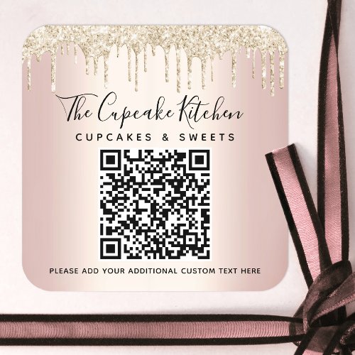 QR Code Gold Glitter Drips Pink Rose Business Name Square Sticker