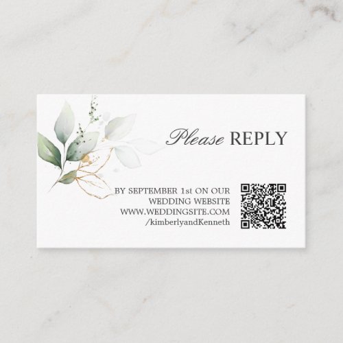 QR CODE Gold Green Leaves RSVP Reply Wedding Enclosure Card