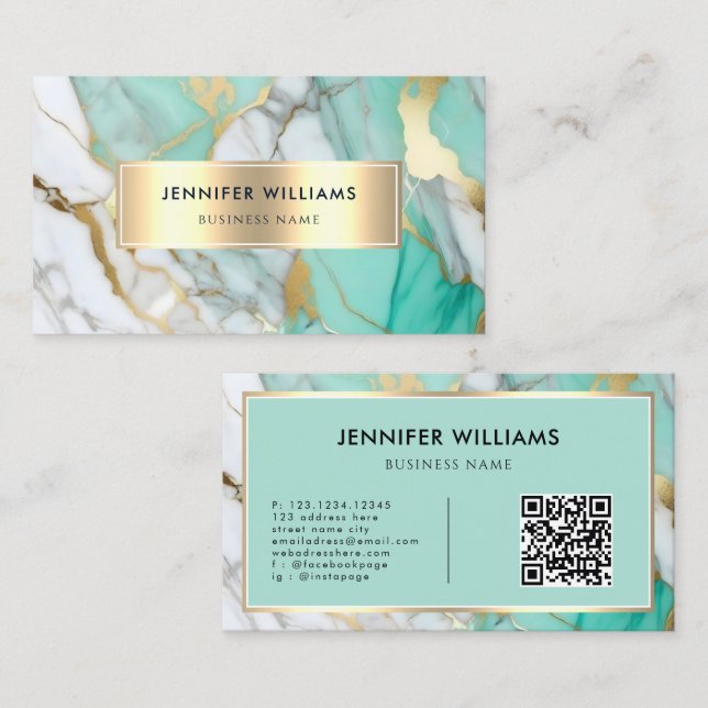 QR Code Gold Green Marble Elegant Modern Business Card (Front/Back)