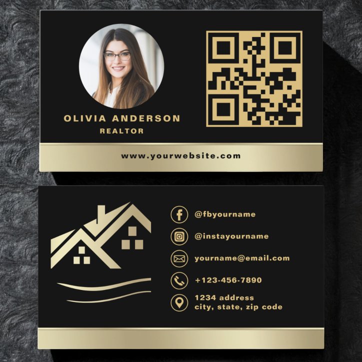 QR Code Gold House Black Real Estate Realtor Business Card