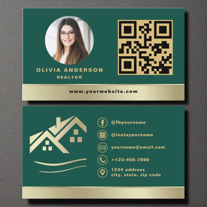 QR Code Gold House Green Real Estate Realtor Business Card