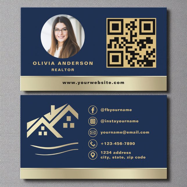 QR Code Gold House Navy Blue Real Estate Realtor Business Card (Creator Uploaded)