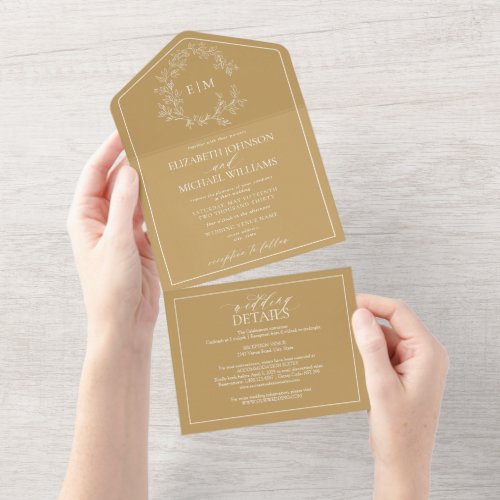 QR Code Gold Leafy Crest Monogram Wedding All In One Invitation