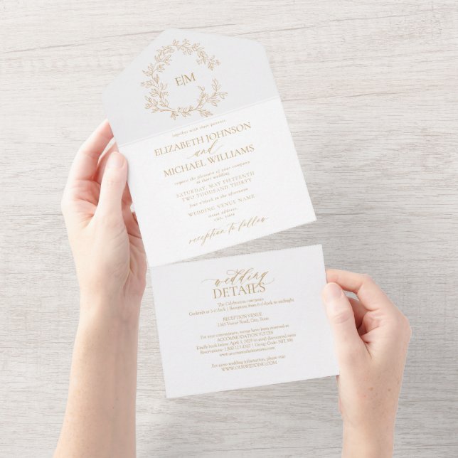 QR Code Gold Leafy Crest Monogram Wedding All In One Invitation (Tearaway)