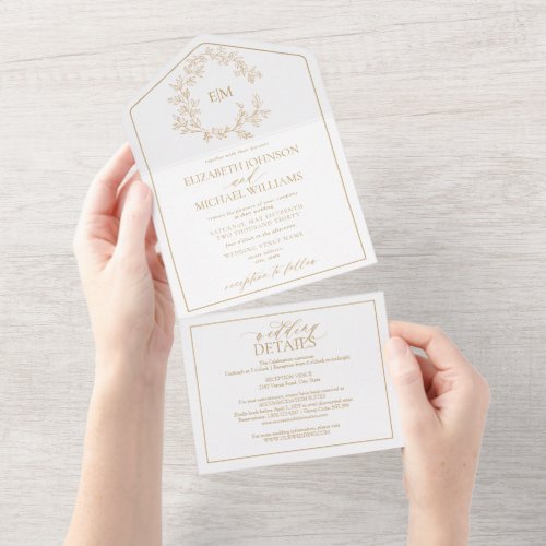 QR Code Gold Leafy Crest Monogram Wedding All In One Invitation