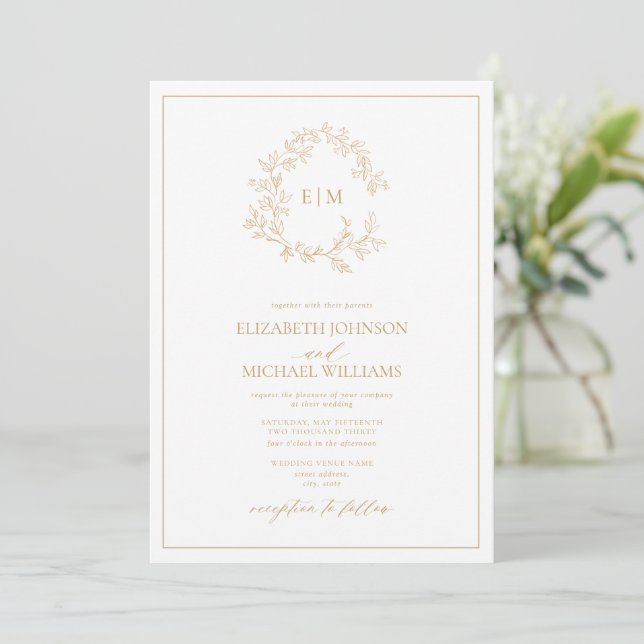 QR Code Gold Leafy Crest Monogram Wedding Invitation (Standing Front)