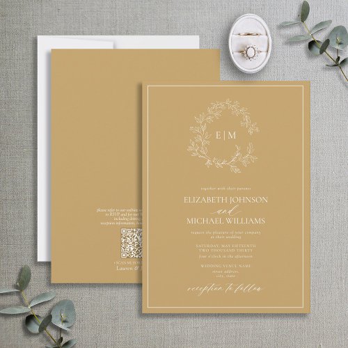 QR Code Gold Leafy Crest Monogram Wedding Invitation