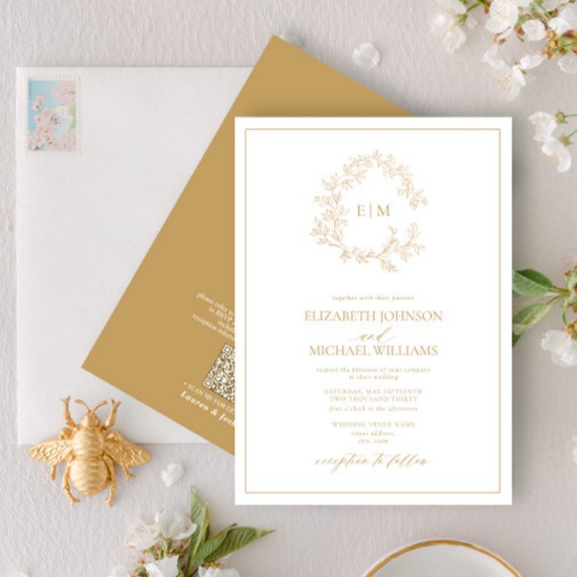 QR Code Gold Leafy Crest Monogram Wedding Invitation (Creator Uploaded)