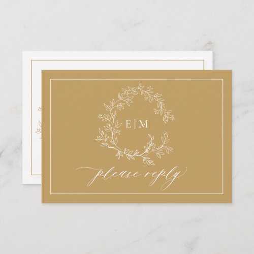 QR Code Gold Leafy Crest Monogram Wedding RSVP Card