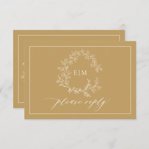 QR Code Gold Leafy Crest Monogram Wedding RSVP Card