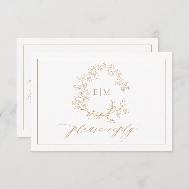 QR Code Gold Leafy Crest Monogram Wedding RSVP Card (Front/Back)