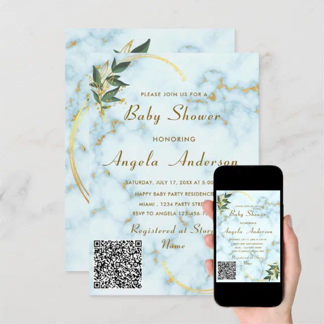 QR Code Gold Marble Baby Boy Shower Invitation | Zazzle