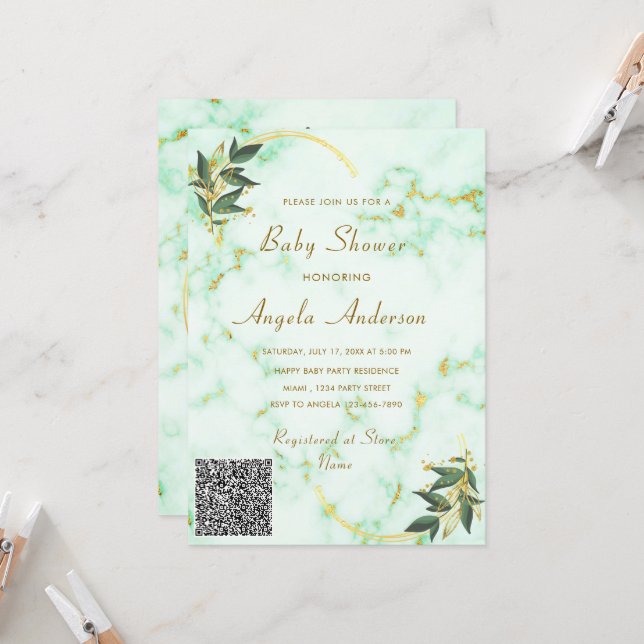 QR Code Gold Marble Baby Girl Shower Invitation (Front/Back In Situ)