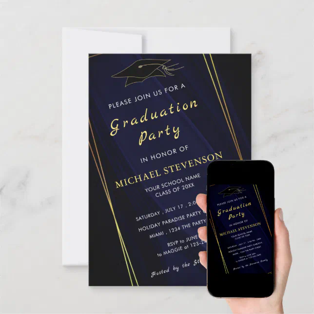 QR Code Gold Navy Blue Graduation Invitation Card Zazzle