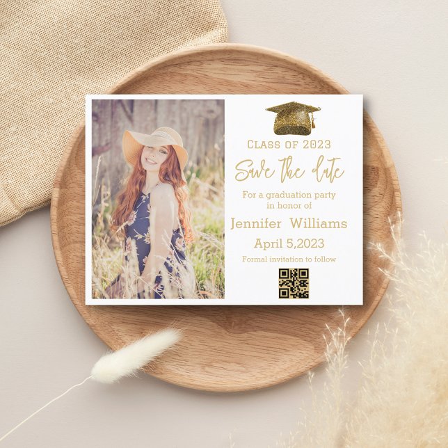 qr code gold  photo save the date graduation  announcement postcard (Creator Uploaded)