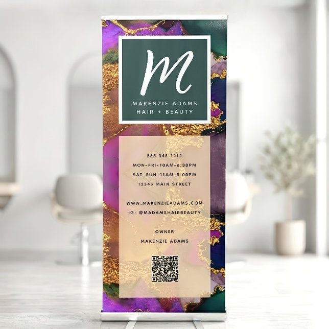 QR Code Gold Purple Green Blue Agate Monogram Retractable Banner (Creator Uploaded)