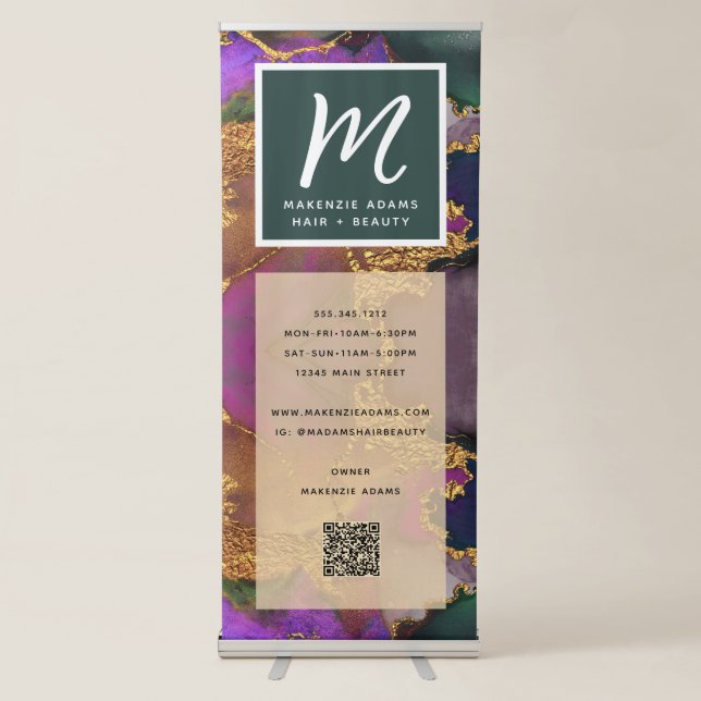 QR Code Gold Purple Green Blue Marble Monogram Retractable Banner (Front)