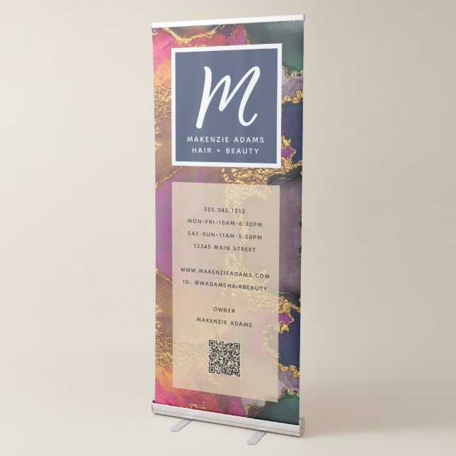  QR Code Gold Purple Pink Blue Agate Monogram Retractable Banner (3/4)