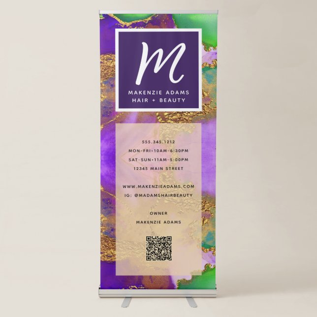 QR Code Gold Purple Pink Green Agate Monogram Retractable Banner (Front)