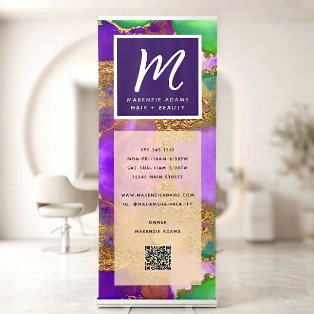 QR Code Gold Purple Pink Green Agate Monogram Retractable Banner (Creator Uploaded)