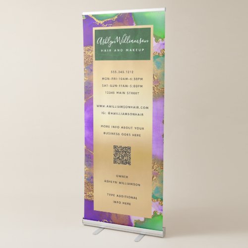 QR Code Gold Purple Pink Green Marble Watercolor Retractable Banner