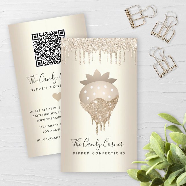 QR Code Gold Strawberry Drips Confection Sweets Business Card (Creator Uploaded)