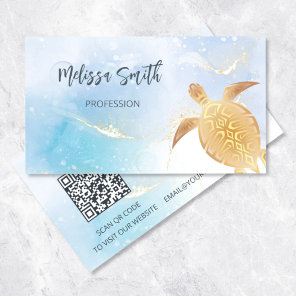 QR Code | Gold Tribal Turtle Blue Business Card