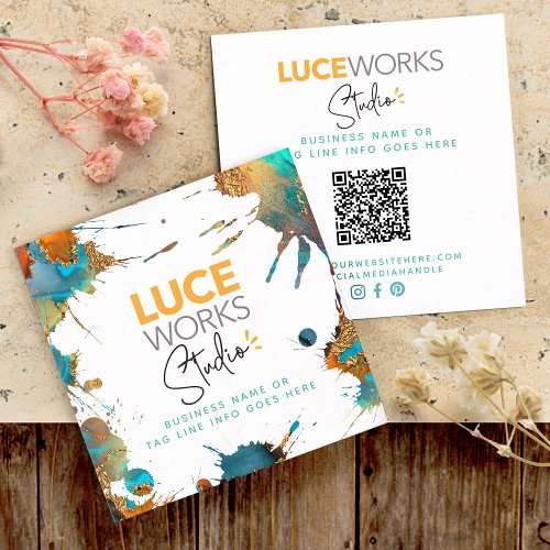 QR Code Gold Turquoise Watercolor Splatter Logo Square Business Card