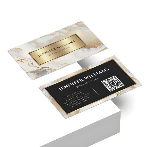 QR Code Gold White Marble Elegant Modern Business Card