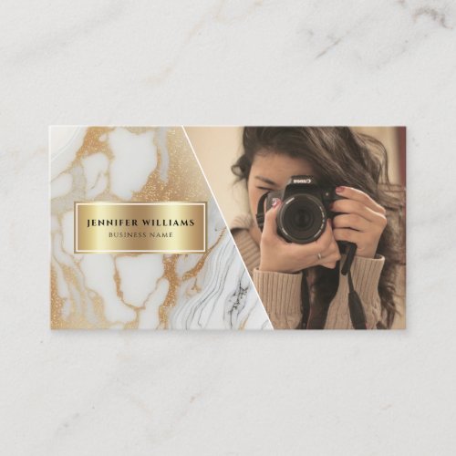 QR Code Gold White Marble Photographer Modern Business Card