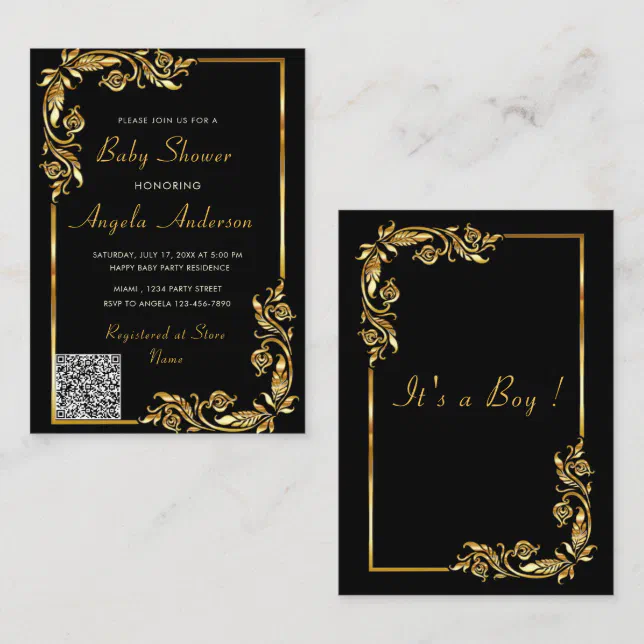 QR Code Golden Floral Baby Boy Shower Invitation | Zazzle