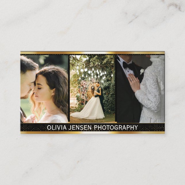QR code golden gradient divider Photographer Business Card (Front)