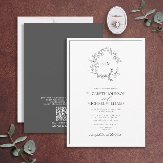 QR Code Gray Leafy Crest Monogram Wedding Invitation (Creator Uploaded)
