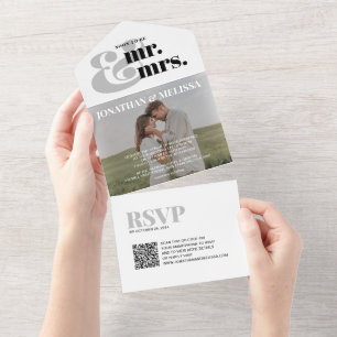 QR code Gray White Overlay Photo Script Wedding All In One Invitation