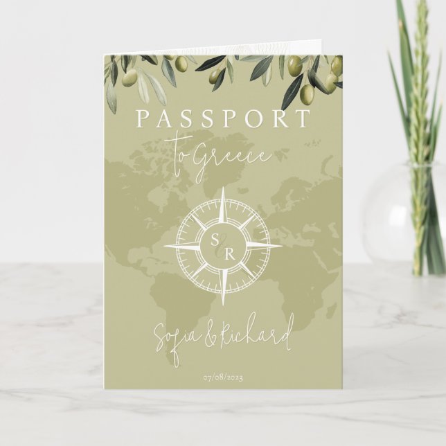 QR Code Greece Wedding  Passport Sage World Map Invitation (Front)